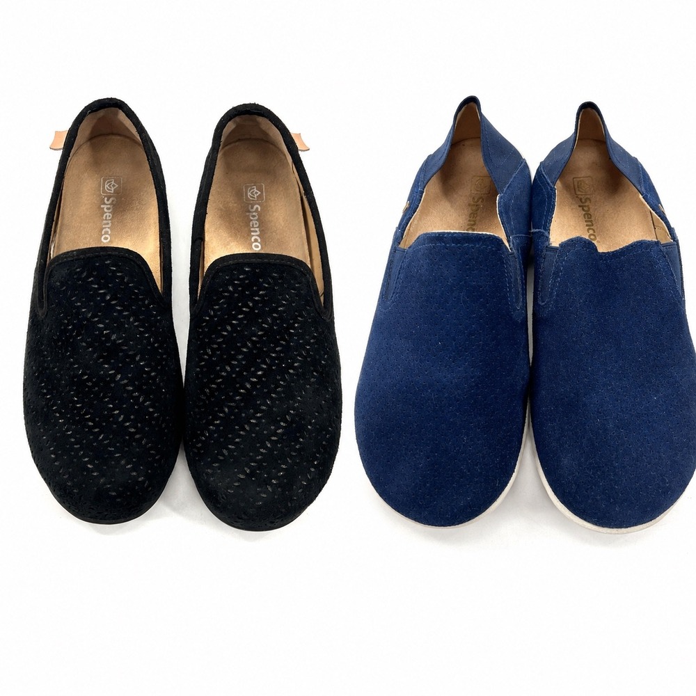Spenco Siesta Slide Shoes Sz 8.5 Black Blue Orthotic Suede 2 Pr Comfy Slippers